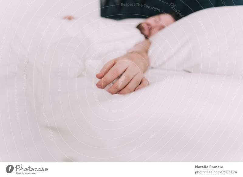 A hand resting on the sheets Lifestyle Luxury Happy Relaxation Vacation & Travel Bedroom Human being Man Adults Hand Fingers Love Sleep Together Bright White