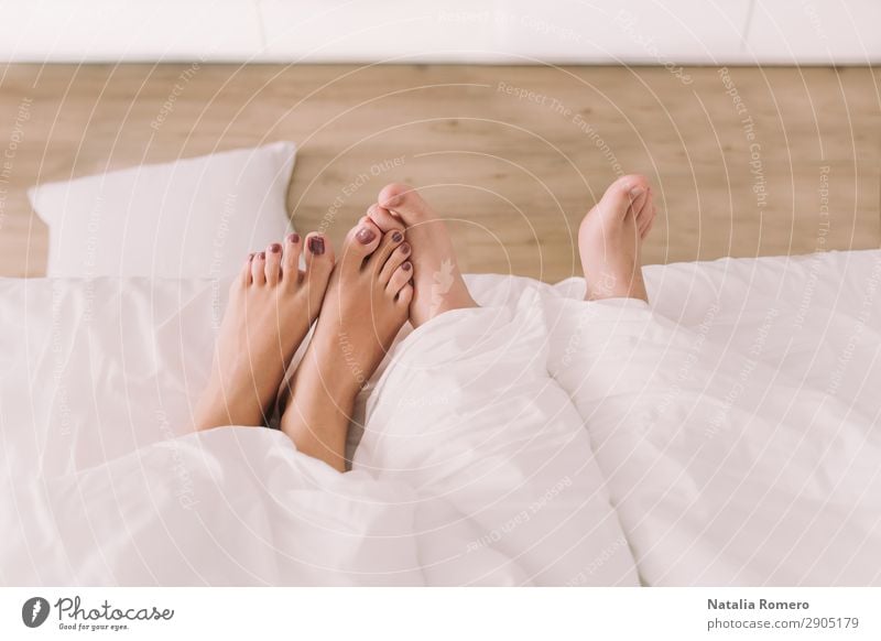 Two pairs of feet appear below the sheet Body Relaxation Leisure and hobbies Bedroom Human being Friendship Couple Fingers Feet Love Sleep Sex Eroticism