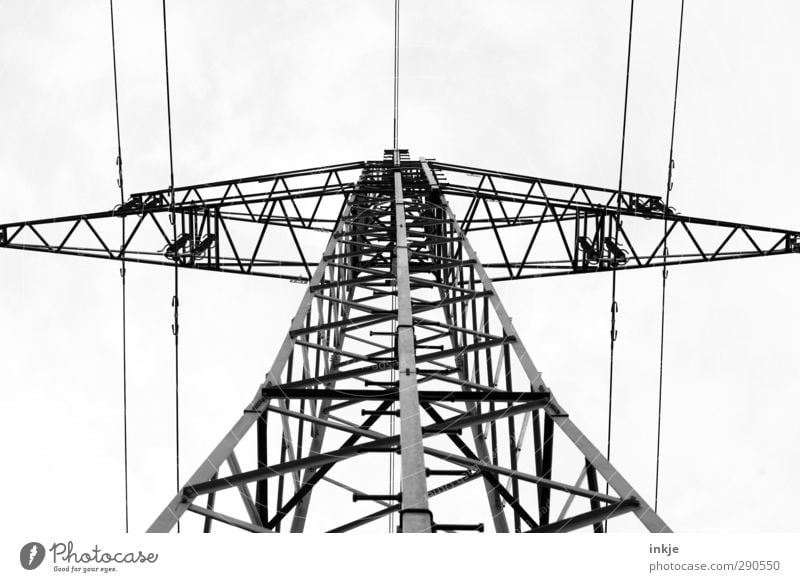 Top Energy industry Cable Metal Line Network Threat Tall Above Power transmission Electricity Electrical wire Prop Black & white photo Exterior shot Deserted