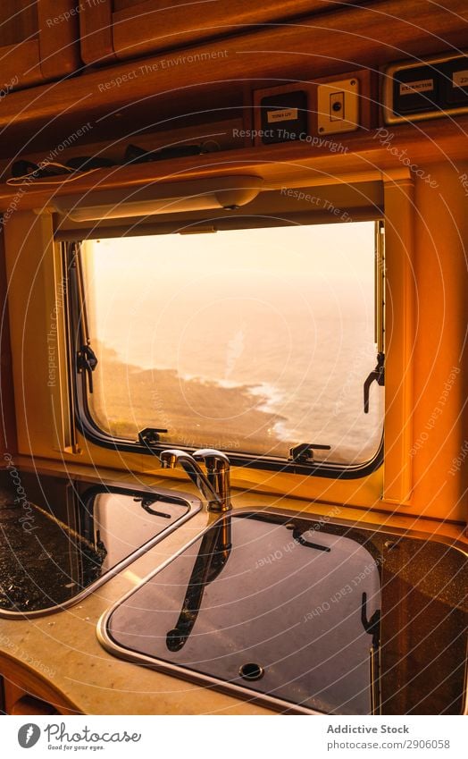 Retro camper van and picturesque view of sea Ocean Sunset Mountain Teide Tenerife Canaries Spain Picturesque Vantage point seascape Amazing Vintage Mobile home