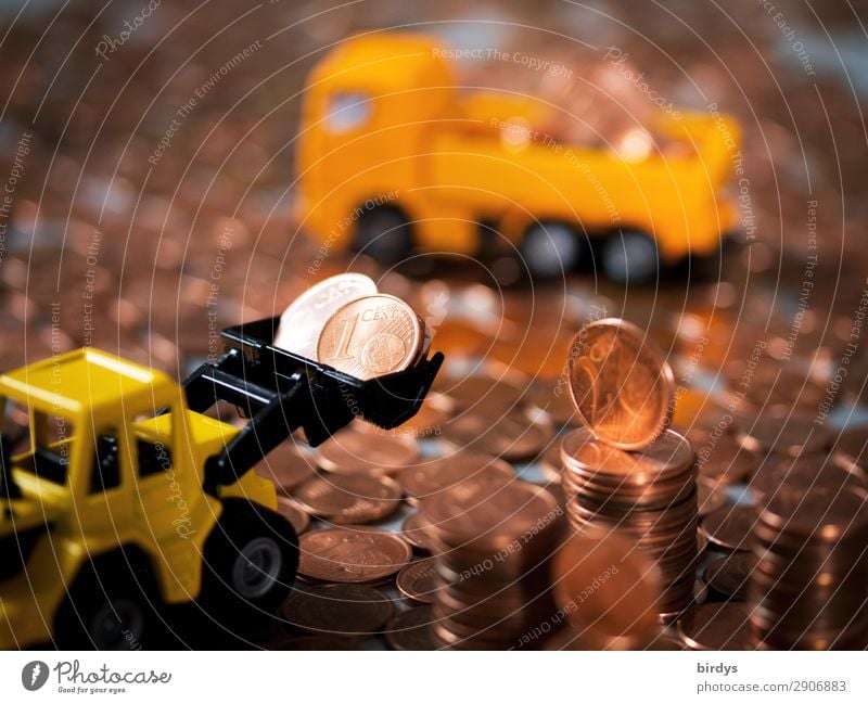 Disposal of 1 cent and 2 cent coins Money Workplace Construction site Financial Industry Truck Wheel loader Sign Euro symbol Coin Cent Movement Yellow Orange