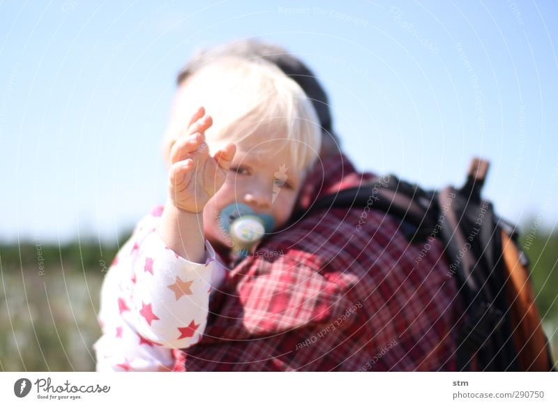 Child is carried by grandpa Vacation & Travel Trip Summer Summer vacation Sun Hiking Human being Baby Toddler Grandparents Senior citizen Grandfather