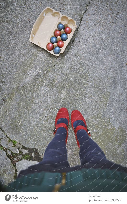 Easter with a difference Feasts & Celebrations Tradition customs Easter egg Multicoloured Red Blue Street Asphalt City life Legs Feet High heels feminine
