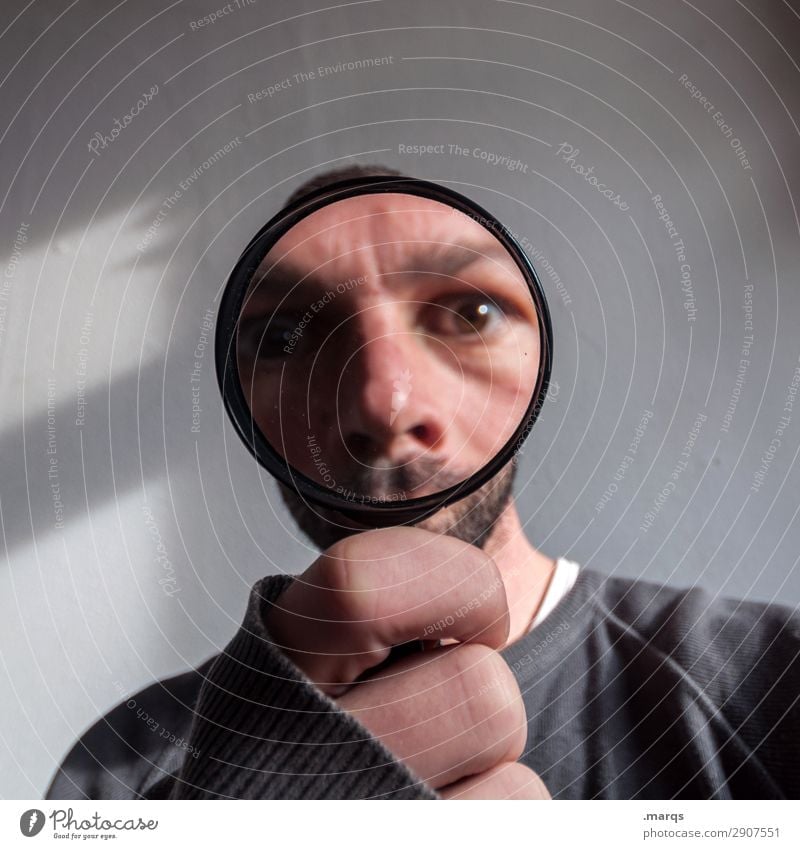moon face Human being Man Adults Magnifying glass Looking Funny Near Interest Perspective Target Search Colour photo Interior shot Close-up Copy Space left