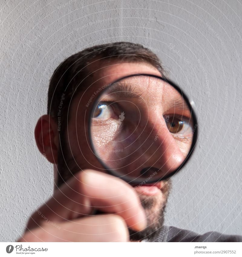 Viewer Magnifying glass Looking Eyes Human being Face Looking into the camera Close-up Head Detective Curiosity Enlarged Lens Observe Surprise Search Whimsical
