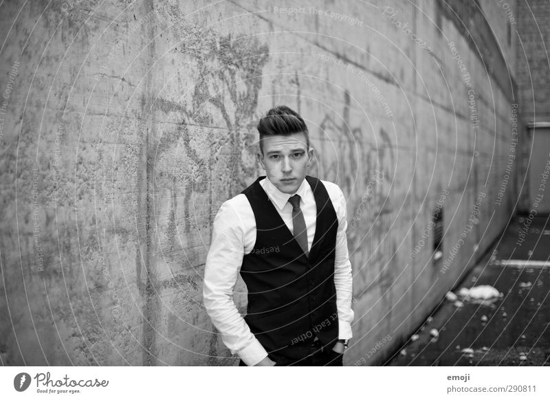 3 Masculine 1 Human being Fashion Suit Tie Hip & trendy Black & white photo Exterior shot Day Shallow depth of field Portrait photograph Upper body