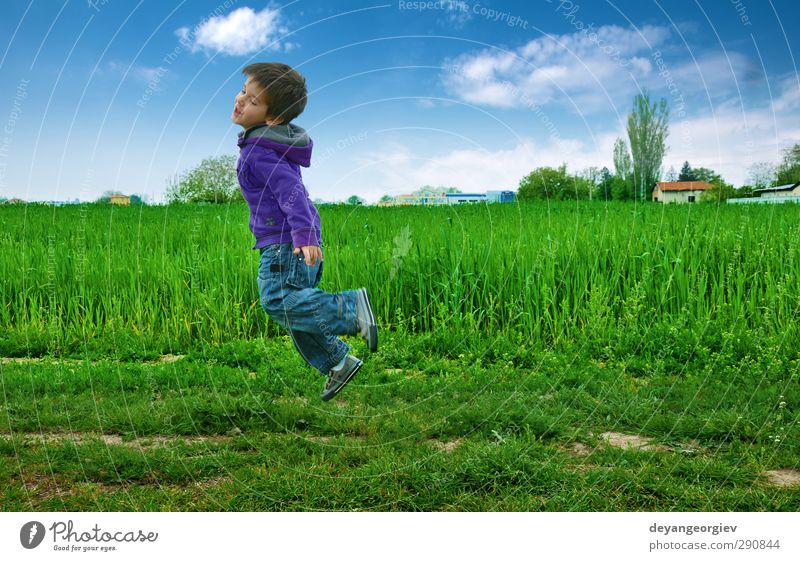 Jumped boy on green meadow, blue sky Joy Playing Camping Summer Success Child Human being Boy (child) Infancy Sky Grass Meadow Hill Smiling Happiness Blue Green