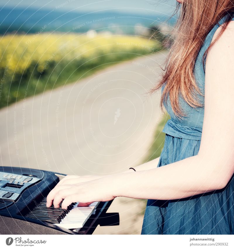 little talks Joy Life Relaxation Summer Sun Feminine Young woman Youth (Young adults) 1 Human being Piano Environment Nature Plant Sky Warmth Meadow Field