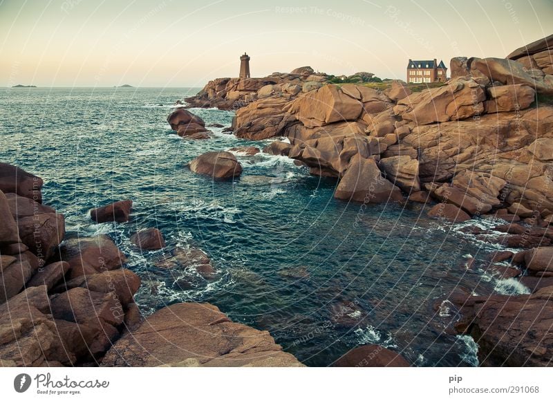 phare, far away Environment Water Summer Beautiful weather Rock Waves Coast Bay Reef Ocean Cote de Granit Rose Brittany Deserted House (Residential Structure)