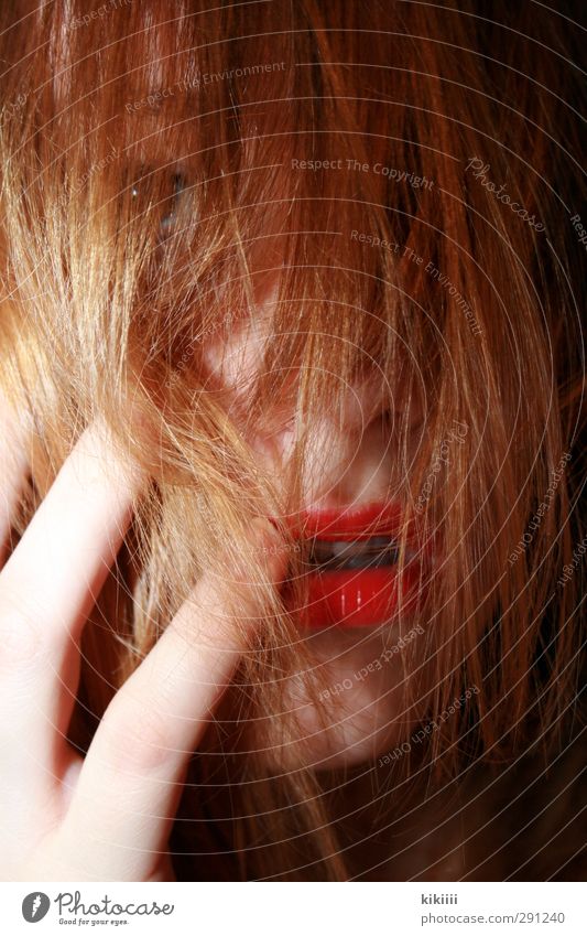 red as blood Red Hair and hairstyles Lips Lipstick Hide Red-haired Hand Fingers Mouth Concealed Eroticism Delightful Dreamily Wild Muddled Looking Girl Woman