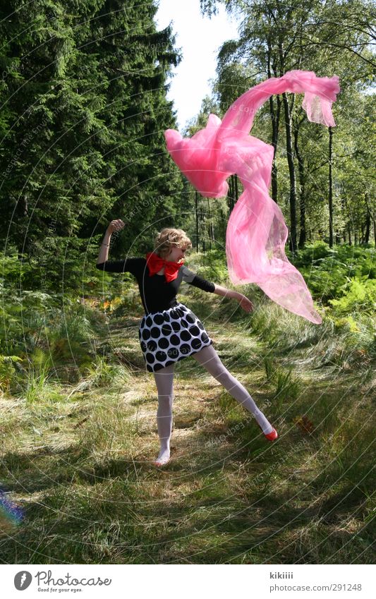 Dancing in the forest Girl Blonde Forest Tree Rag Cloth Pink Red White Black Dance Jump Clown Tights Spotted Throw Flying Joy Laughter Tulle Lanes & trails