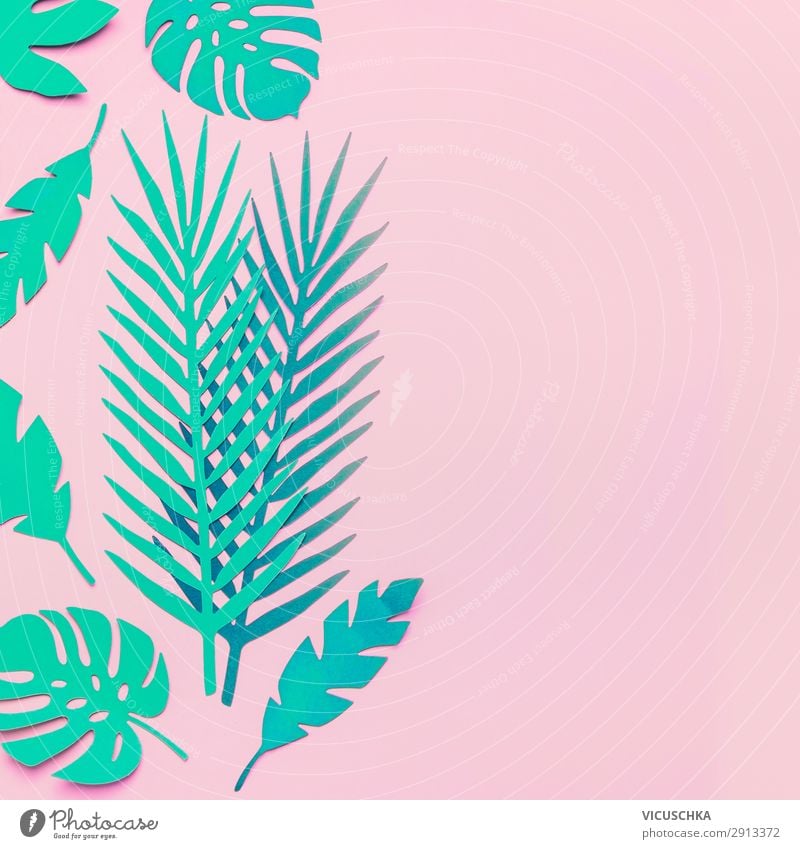 Turquoise green tropical leaves on pink background Style Design Summer Nature Plant Leaf Fashion Decoration Pink Surrealism Background picture Funky Modern