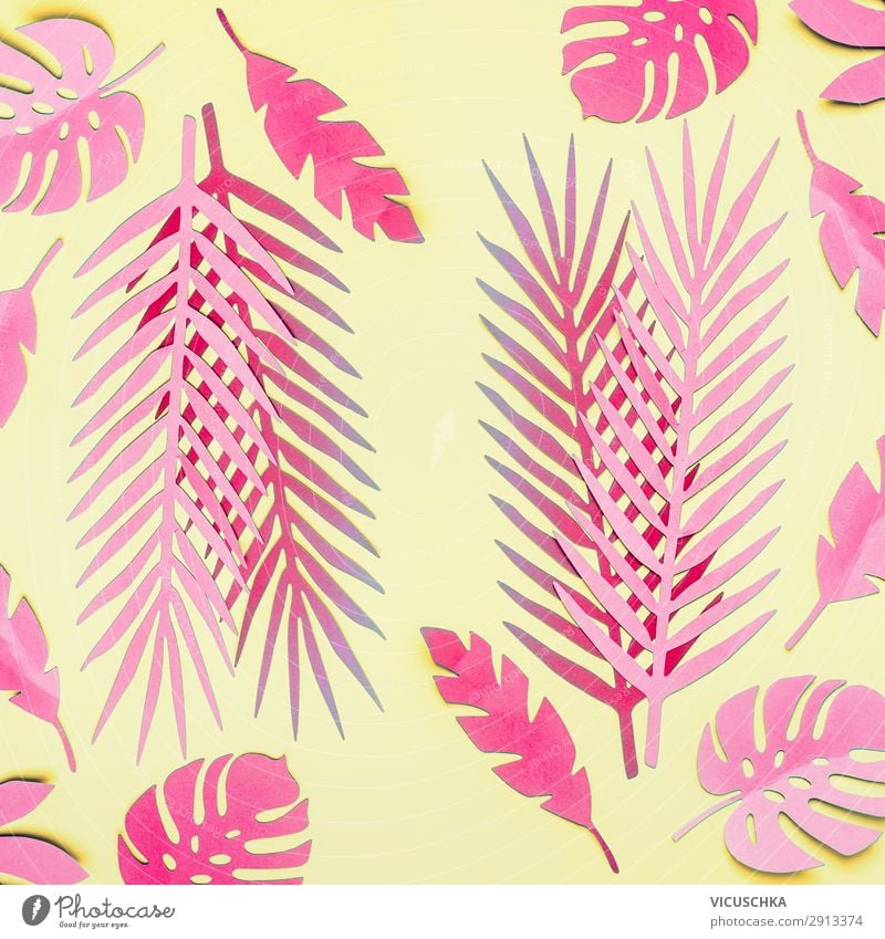 Pink tropical leaves on yellow Style Design Exotic Summer Plant Leaf Fashion Hip & trendy Surrealism Background picture Tropical Part of the plant Yellow