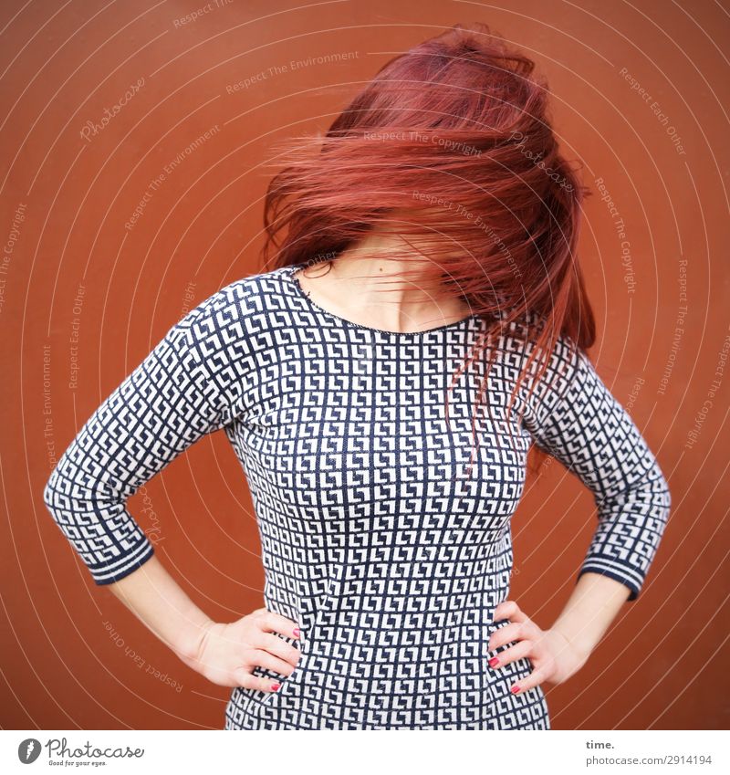 Torque (II) Feminine Woman Adults Hair and hairstyles 1 Human being Wall (barrier) Wall (building) Dress Red-haired Long-haired Movement Rotate Stand Beautiful