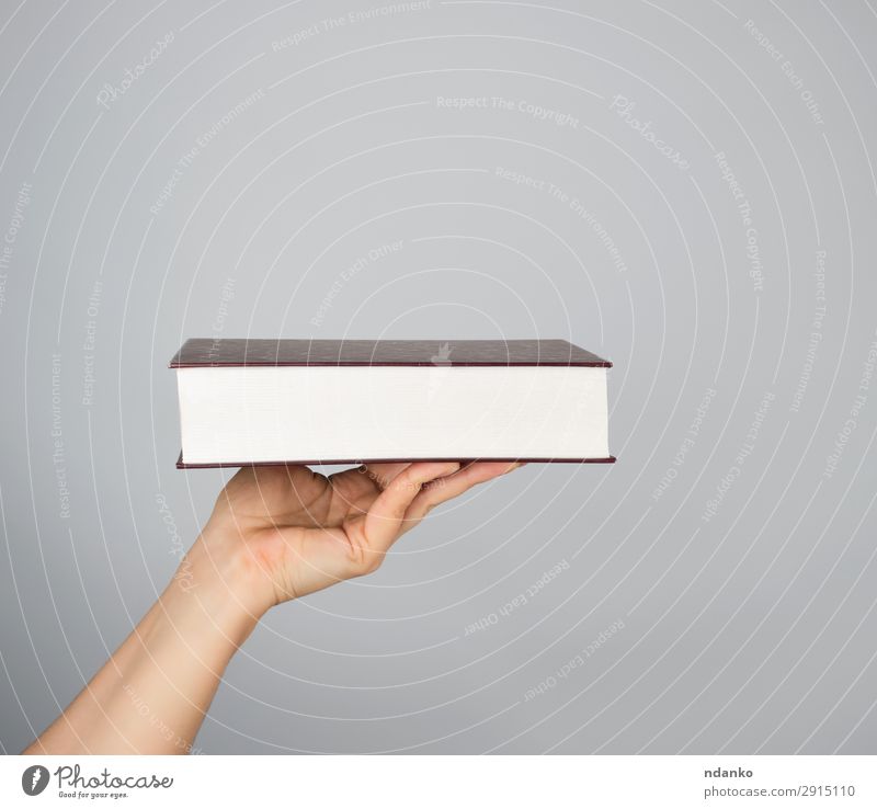 hand holds a closed book in hardcover Reading Human being Woman Adults Man Arm Hand Book Paper Brown Gray White background Blank Conceptual design education