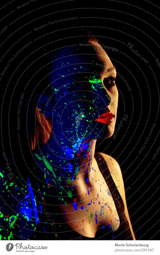 Neon 02 Neon light Face Girl Woman Youth (Young adults) Portrait photograph Black Dark Multicoloured Colour Dye Inject Nose Eyes Mouth Skin Looking Think