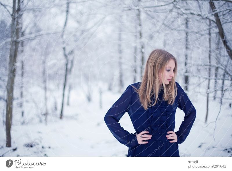blues Feminine Young woman Youth (Young adults) 1 Human being 18 - 30 years Adults Environment Nature Winter Snow Beautiful Cold Blue White Blouse Colour photo