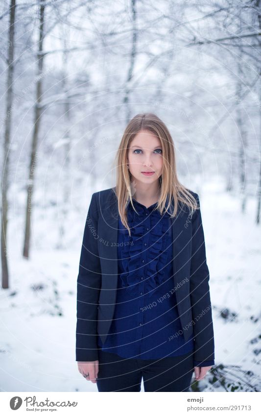 BLUE Feminine Young woman Youth (Young adults) 1 Human being 18 - 30 years Adults Winter Snow Fashion Suit Beautiful Cold Blue White Colour photo Exterior shot
