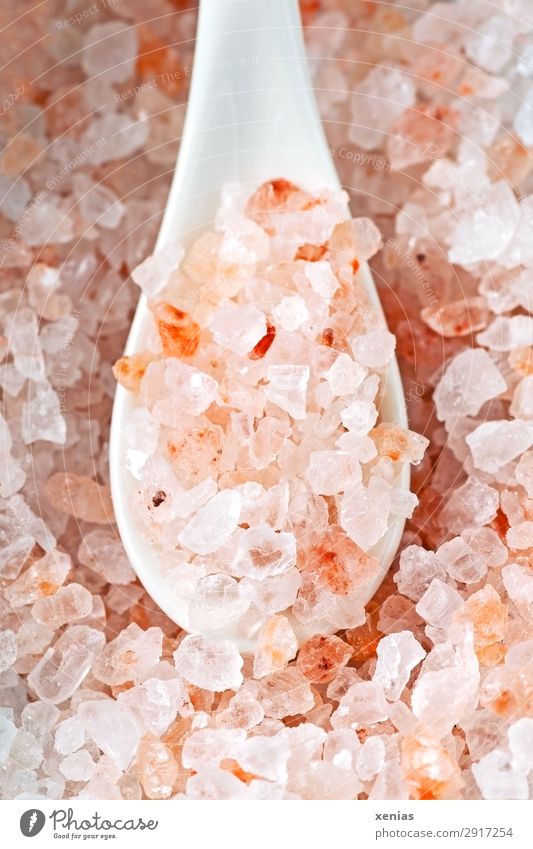 Coarse Himalayan salt on white porcelain spoon Herbs and spices Cooking salt Nutrition Spoon Crockery Pink Red White Gritty coarsely Salty table salt