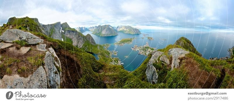 A panoramic view from Lofoten Island, Norway Beautiful Vacation & Travel Ocean Mountain Nature Landscape Clouds Town Bridge Blue Green Amazing Arctic circle