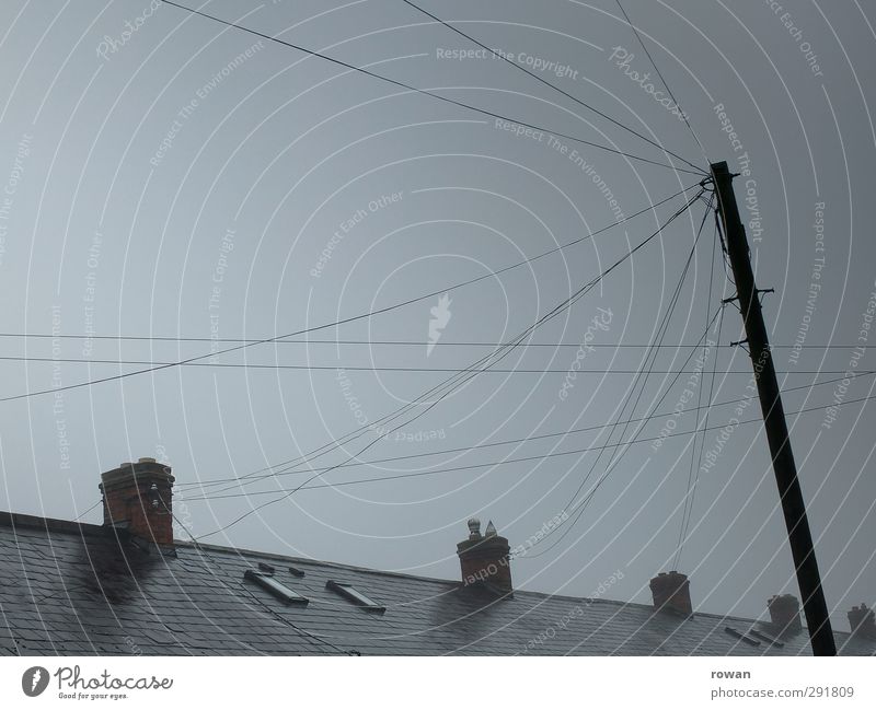 connection Weather Bad weather Storm Fog Dark Cold Wet Gloomy Town Electricity Electricity pylon Cable Connection Interlaced Roof Chimney Tilt Line Chaos Untidy