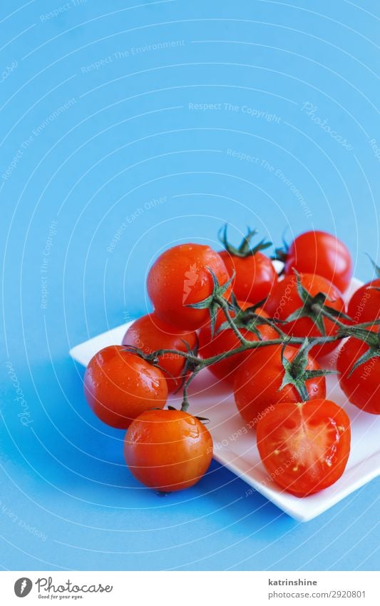 Cherry tomatoes on a blue background Vegetable Vegetarian diet Diet Fresh Bright Above Blue Red cherry tomatoes Ingredients Raw Minimalistic Conceptual design