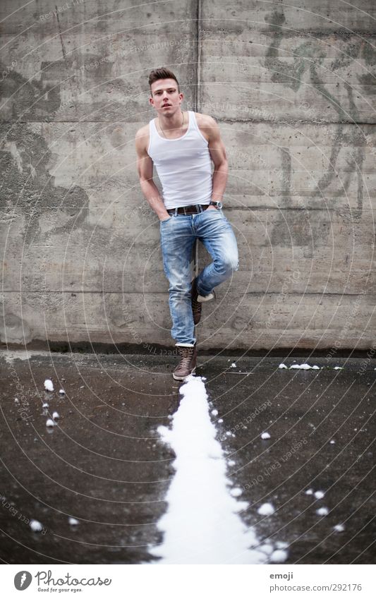 | Masculine Young man Youth (Young adults) 1 Human being 18 - 30 years Adults Jeans Sports top Hip & trendy Muscular Concrete Concrete wall Colour photo