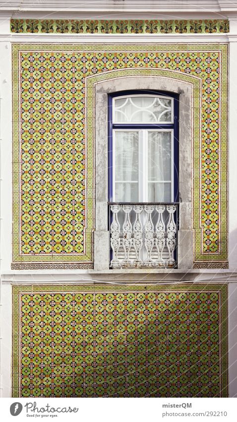 high tiled. Art Esthetic Facade Wall (barrier) Tile Pattern Symmetry Many Car Window Old fashioned Portugal Lisbon Green Exceptional Style Colour photo