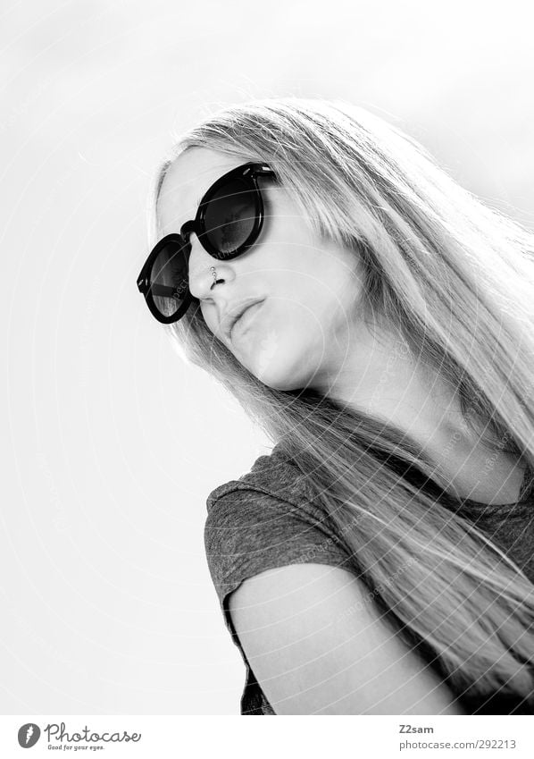 Lena. Summer 1 Human being T-shirt Sunglasses Blonde Think Relaxation Dream Esthetic Beautiful Natural Serene Face Black & white photo Exterior shot Day