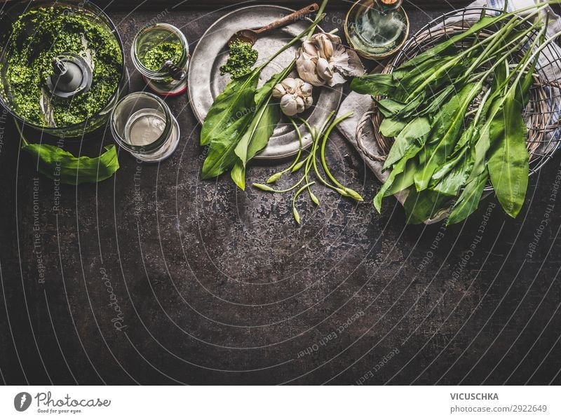 wild garlic pesto ingredients Food Herbs and spices Cooking oil Nutrition Organic produce Vegetarian diet Diet Crockery Style Design Healthy Eating Table