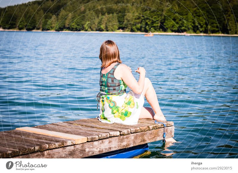Girl sitting in front of a lake Lifestyle Happy Beautiful Relaxation Vacation & Travel Adventure Summer Mountain Feminine Young woman Youth (Young adults) Woman