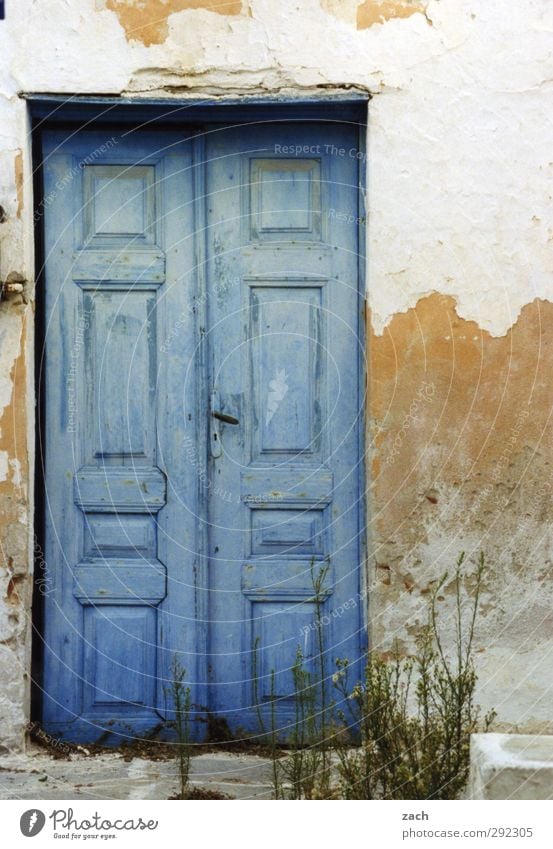 Old houses, please come in. House (Residential Structure) Architecture Entrance Wooden door Broken Derelict Flake off Facade Door Stone Blue White Colour photo