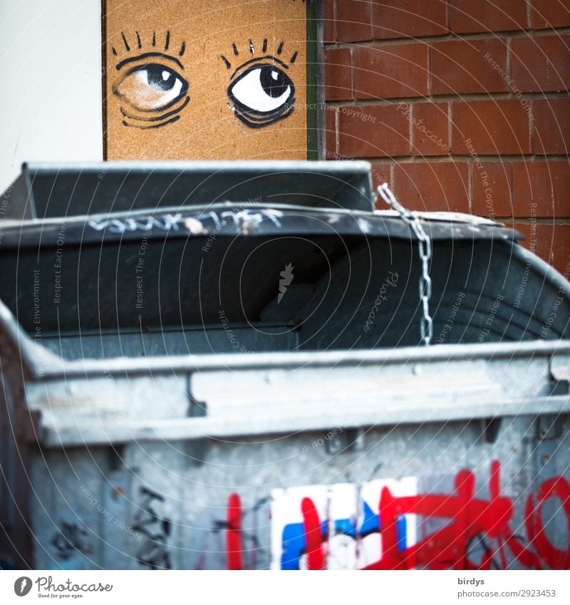 Large flap, garbage chute Trash container 1 Human being Wall (barrier) Wall (building) Waste management Household garbage Graffiti Eyes Looking Authentic