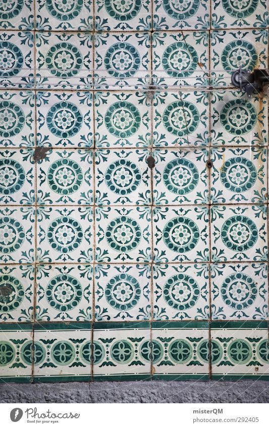 Tile green. Art Esthetic Pattern Symmetry Portugal Lisbon Square Adornment Decoration Wall (building) Facade Old fashioned Retro Style Colour photo