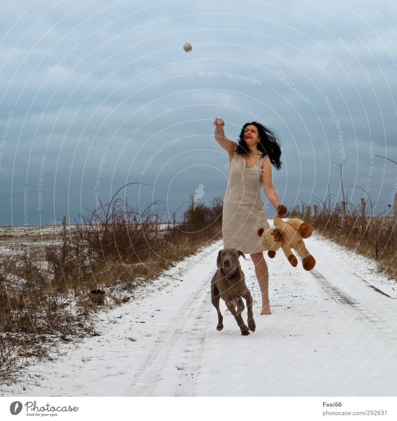 Photoshooting.....marginal phenomenon Woman Adults Infancy 1 Human being Landscape Sky Clouds Winter Wind Ice Frost Dog Animal Teddy bear Movement Playing Throw