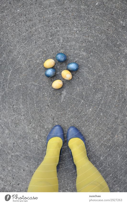 ...or Easterasi Legs feet Stockings Yellow Footwear Lady Woman feminine Street Asphalt Funny Strange eggs Painted Easter egg Blue