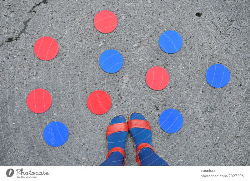 red and blue dots (feet) Feet Footwear Sandal Woman Human being feminine Summer Warmth Exterior shot Street Asphalt Stand Symbols and metaphors Red Blue Point