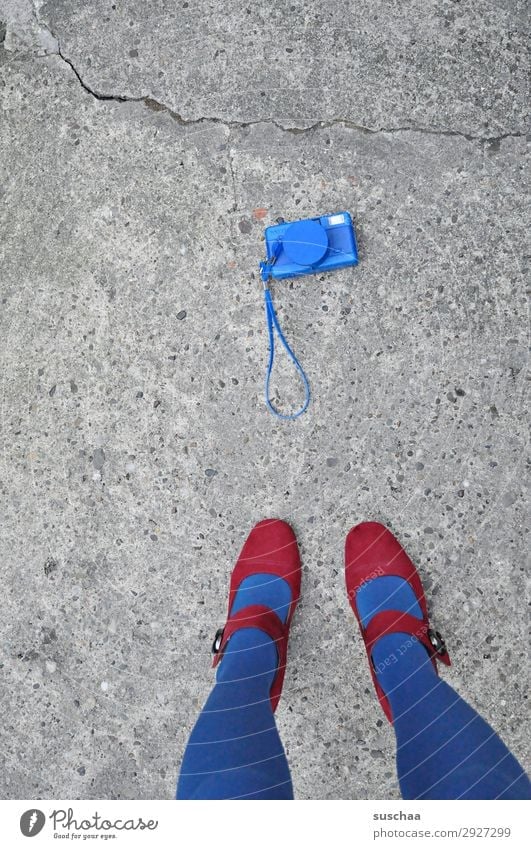 take a picture Camera Take a photo disposable camera Lomography Photography Analog Blue Woman Legs Feet feminine High heels Stockings Street Asphalt Stand