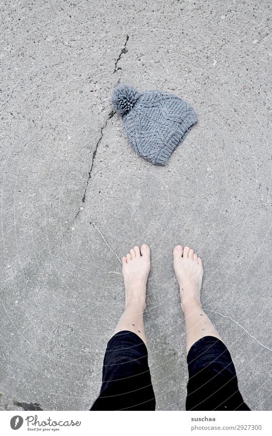April weather Woman Feet Toes Legs feminine Barefoot Naked Street Asphalt Cold Warmth Summer Winter Cap Woolen hat Weather Climate Climate change