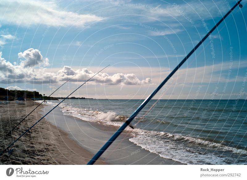 Fishing in the sea Fishing (Angle) Vacation & Travel Far-off places Summer vacation Beach Ocean Waves Aquatics Fishing rod Sand Water Sky Clouds Autumn Coast
