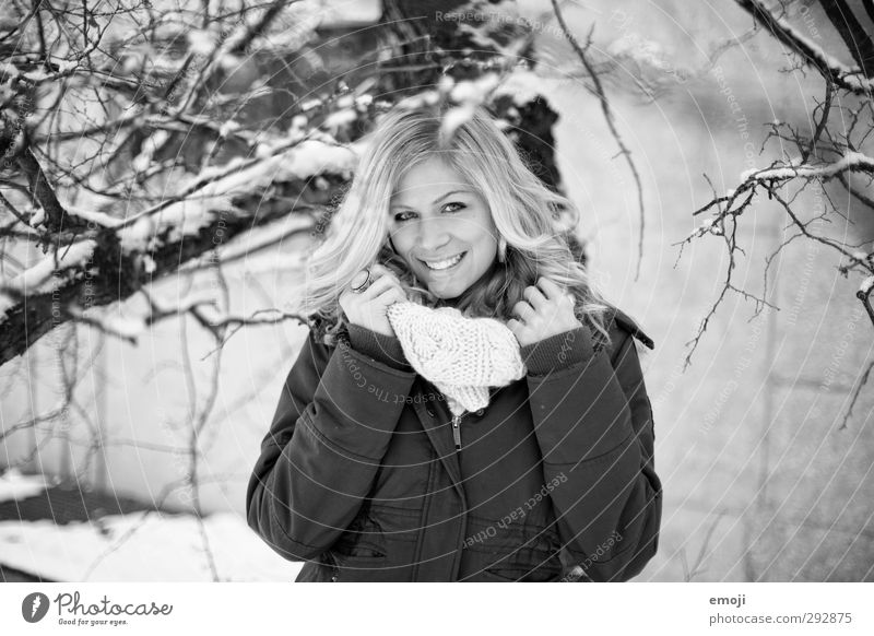 :] Feminine Young woman Youth (Young adults) 1 Human being 18 - 30 years Adults Jacket Scarf Happiness Beautiful Smiling Black & white photo Exterior shot Day