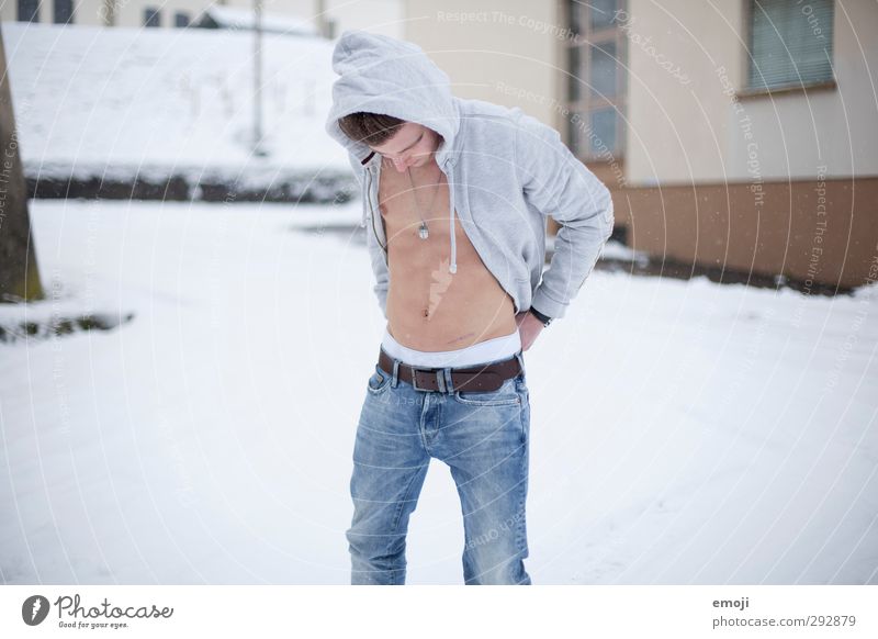 ice ice Masculine Youth (Young adults) 1 Human being 18 - 30 years Adults Winter Snow Jeans Sweater Hip & trendy Cold Muscular Colour photo Subdued colour