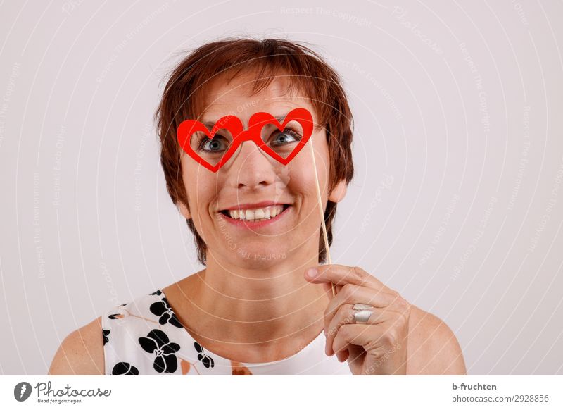 rose-coloured glasses Woman Adults Face 1 Human being 30 - 45 years Eyeglasses Sign Heart To hold on Communicate Smiling Laughter Love Dream Infatuation Romance