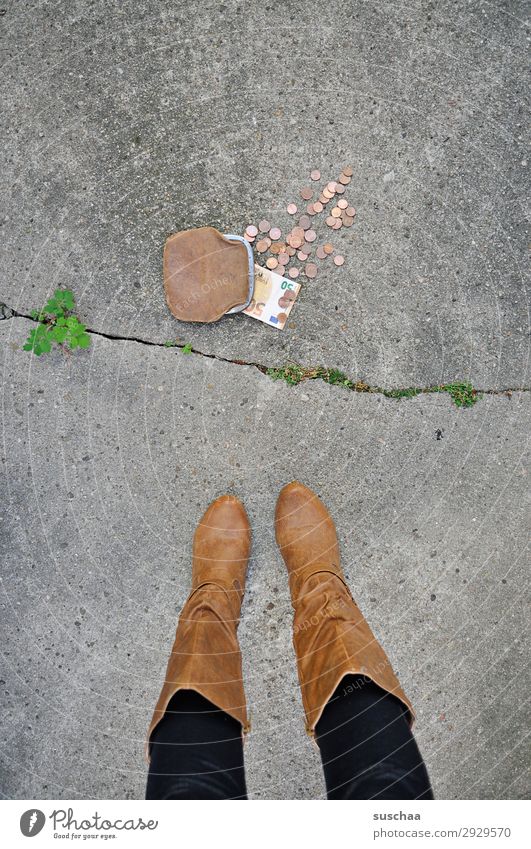 wallet with money lies on the street and woman stands in front of it Few Save Poverty Money purse Coin Doomed Lose Find Woman Legs feminine Street Thief Retro