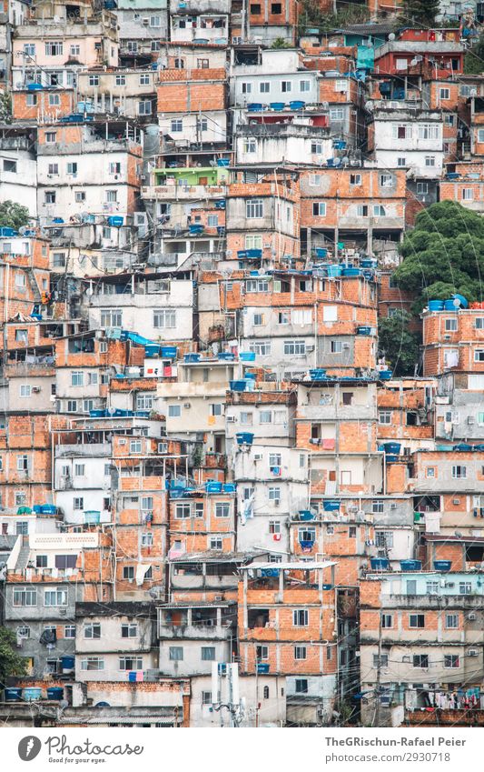 favela Town House (Residential Structure) Hut Blue Brown Gray Orange White Ghetto Brick Rio de Janeiro Brazil Water tank Together Narrow Poverty Colour photo