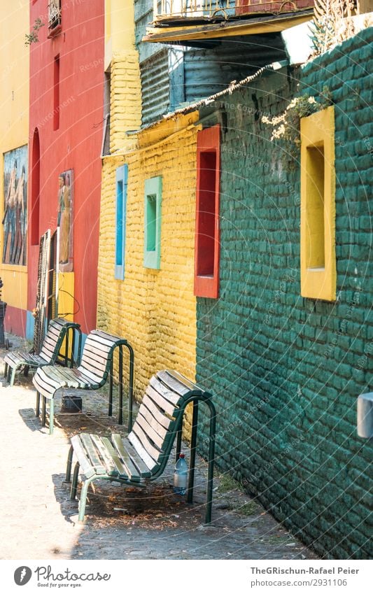 La Boca Small Town Blue Multicoloured Yellow Green Red Bench Buenos Aires Argentina Window Housefront Colour photo Exterior shot Deserted Day
