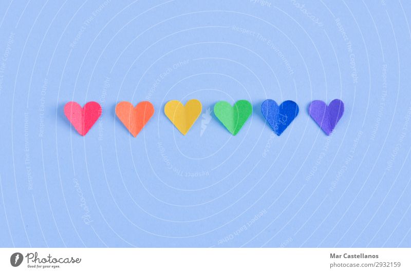 Row of hearts with GAY pride flag colors. Freedom Feasts & Celebrations Homosexual Woman Adults Man Couple Paper Heart Flag Love Sex Blue Yellow Green Violet