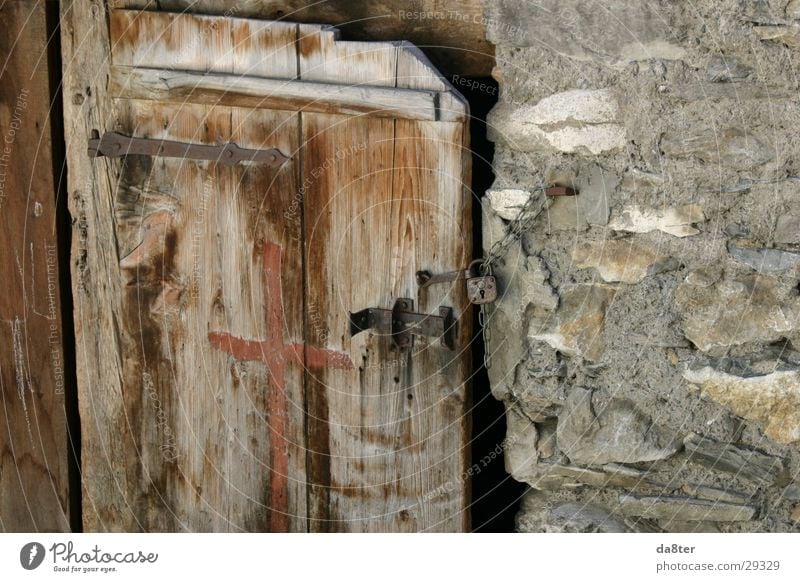 Old wooden door Wooden door Locking bar Stone wall Hinge Padlock Historic Door Castle Wooden board Derelict Chain