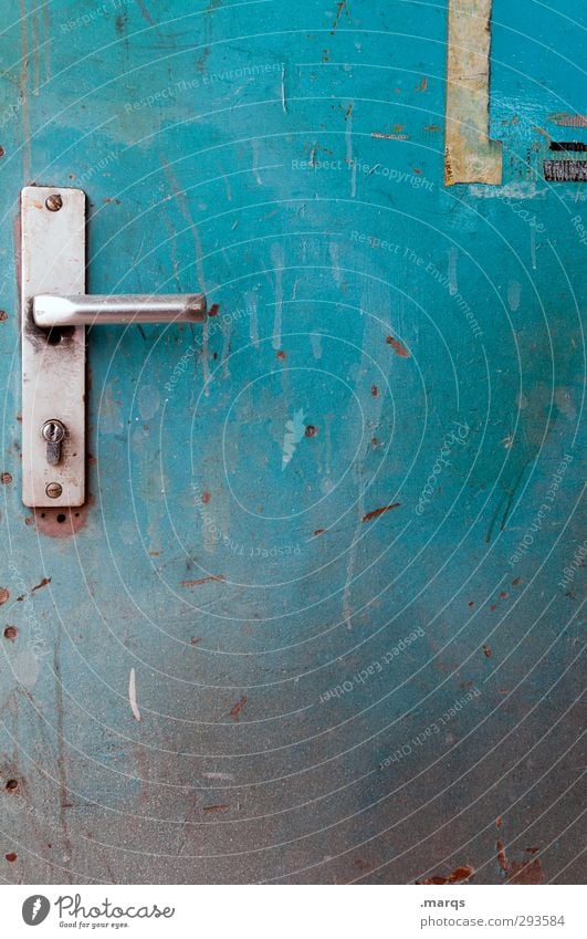 BACKDOOR Door Sign Old Dirty Blue Turquoise Colour Closed Door lock Metal Safety Mysterious Entrance Way out Back door Colour photo Exterior shot Close-up