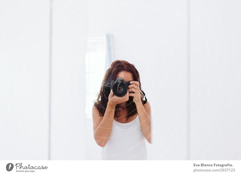 young woman taking a self portrait in the mirror Lifestyle Style Beautiful Summer Chair Mirror Telephone Camera Human being Feminine Young woman